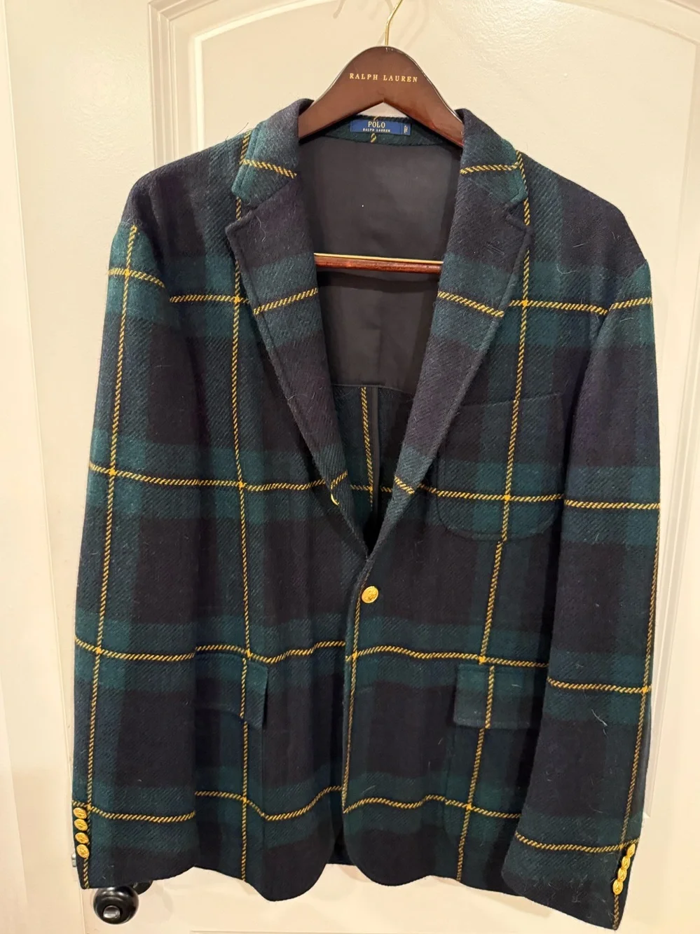 Polo by Ralph Lauren Navy & Green Plaid Sport Coat with Gold Accents - Picture 1 of 15